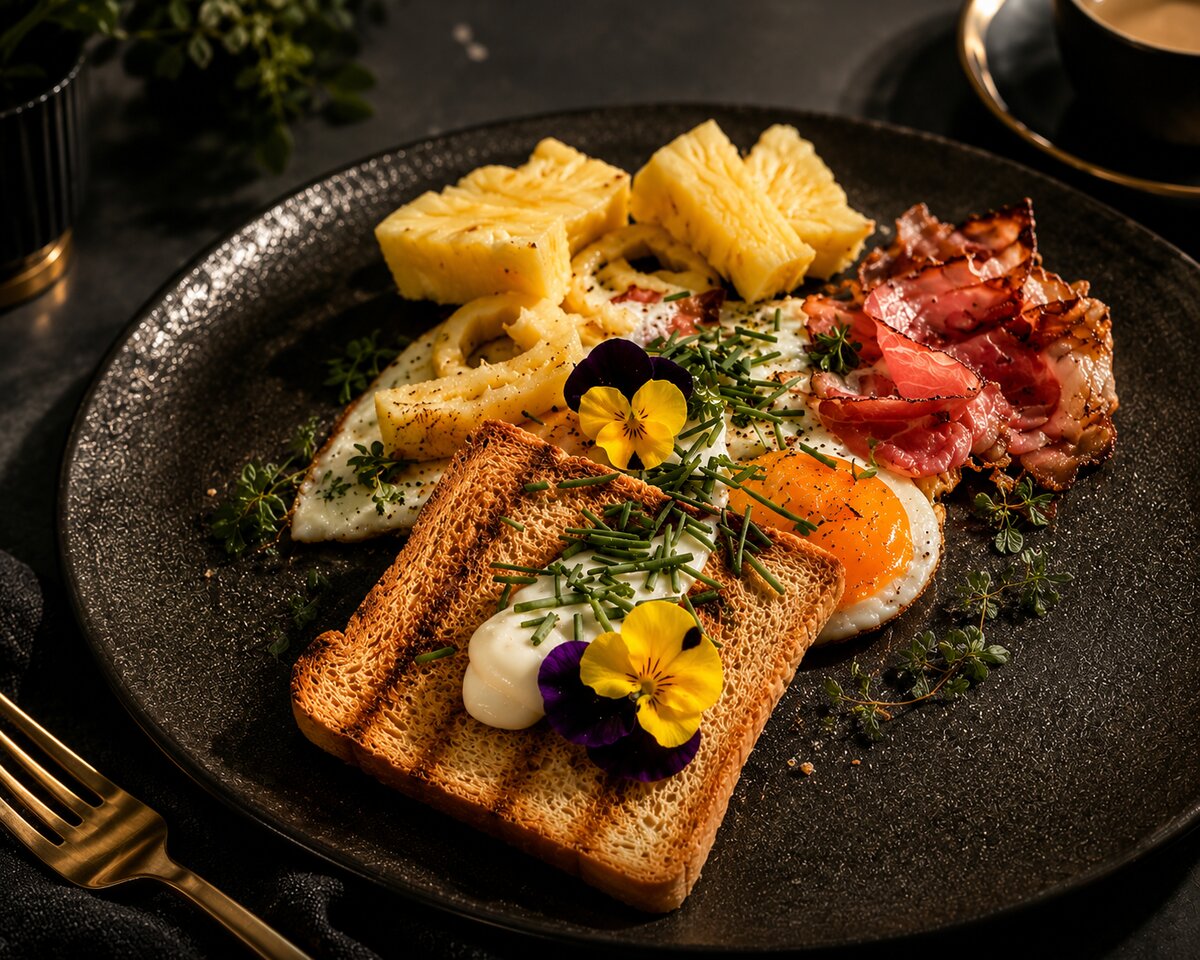 Breakfast at Vila Garufa - bacon, bread, vegetables