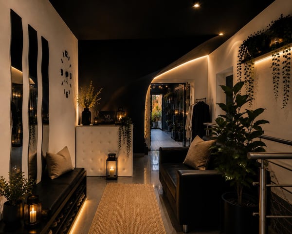 Vila Garufa reception with a designer clock, leather sofa and greenery