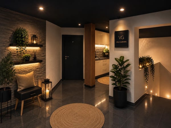 Vila Garufa entrance area with a kitchenette and the VG logo